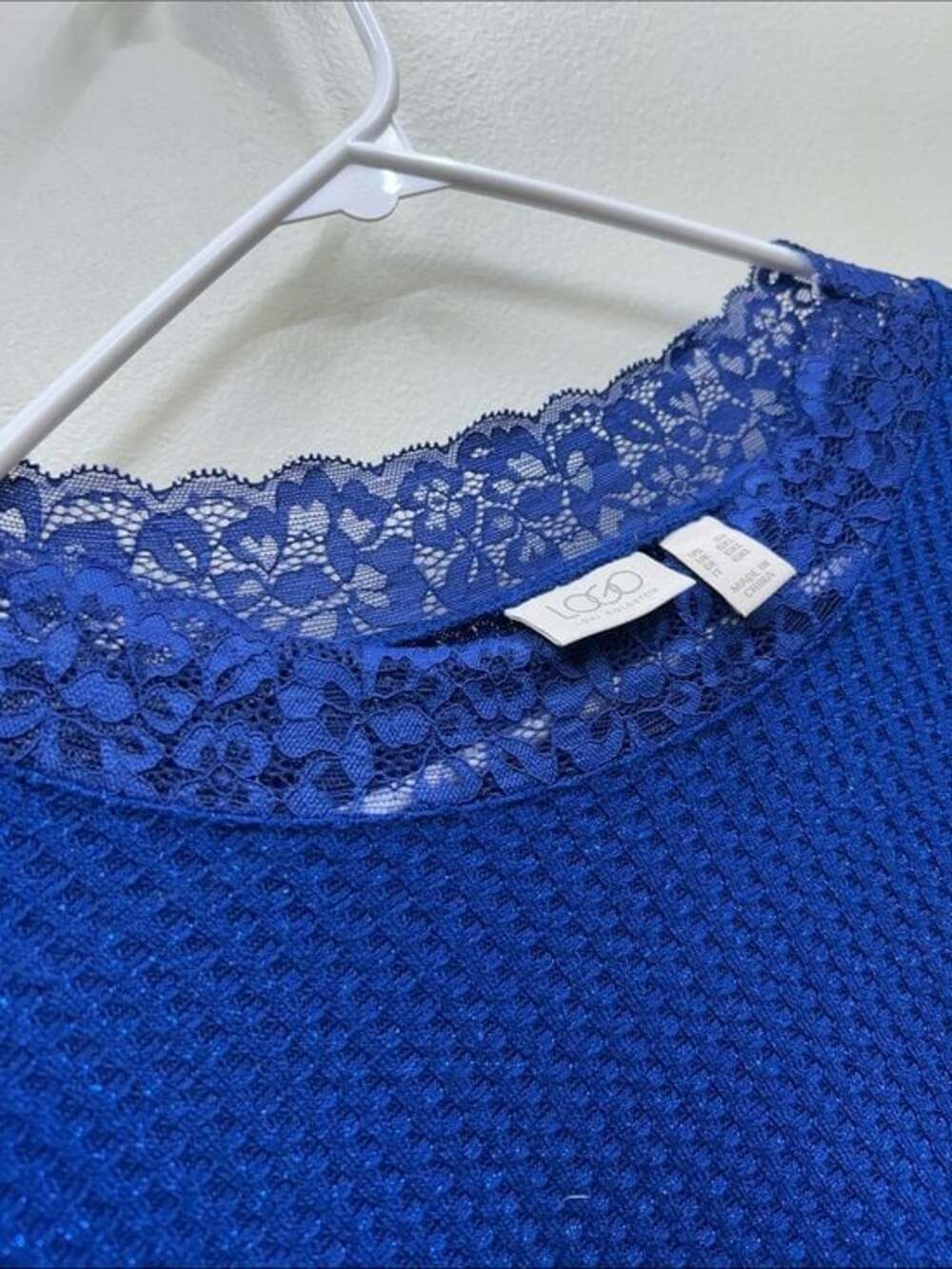LOGO by Lori Goldstein Lace-Trim Waffle Crewneck Sweater in Sparkly Royal Blue - Picture 6 of 10
